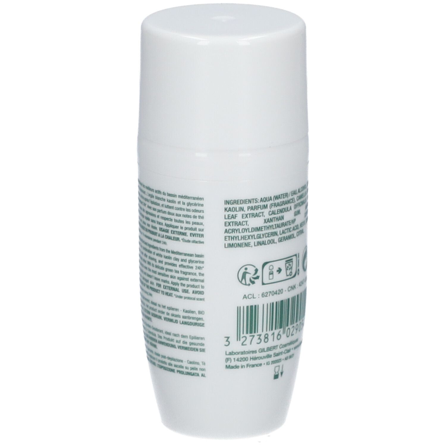 Dos d'un déodorant roll-on blanc. Texte avec ingrédients et informations. Code-barres et détails de production.