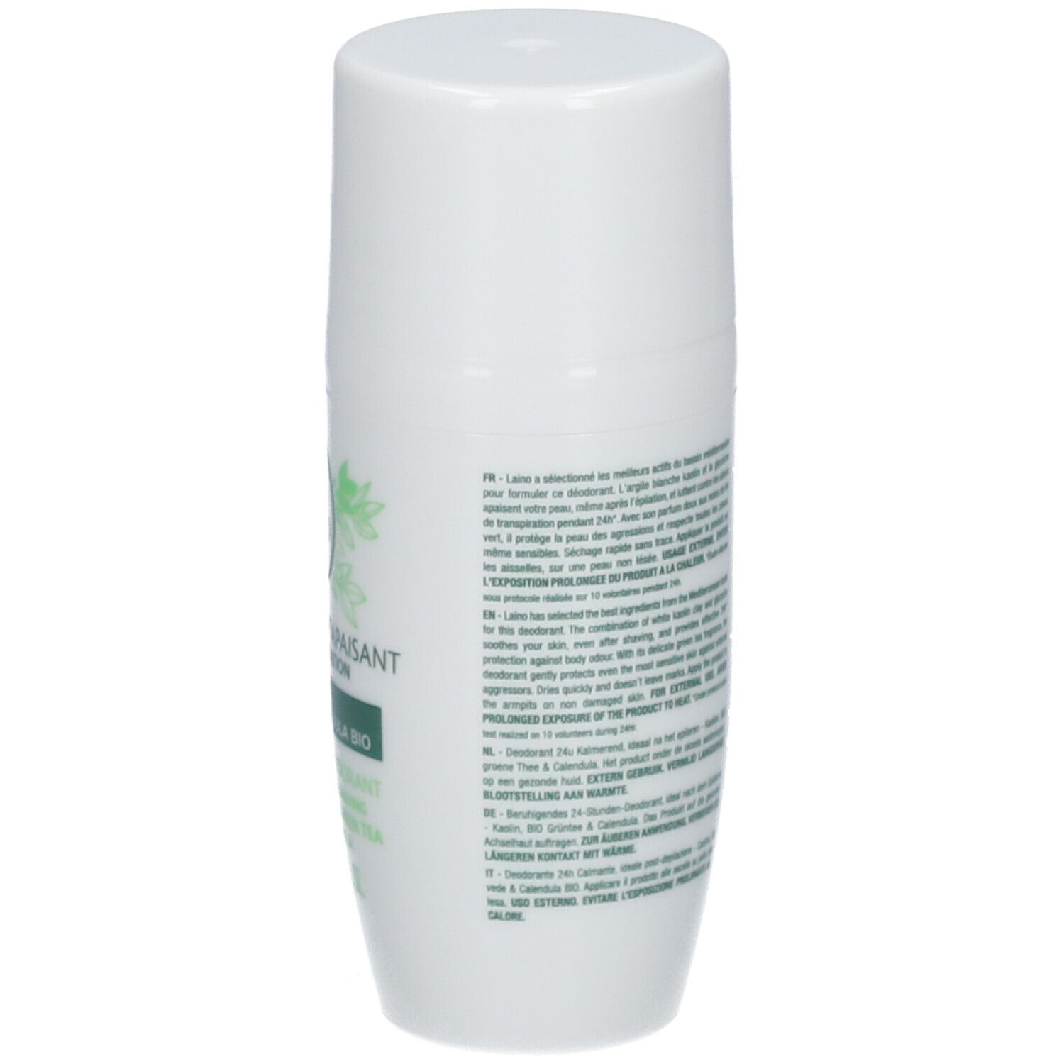 Dos d'un déodorant roll-on blanc. Texte avec instructions et informations. Autocollant vert avec code-barres.