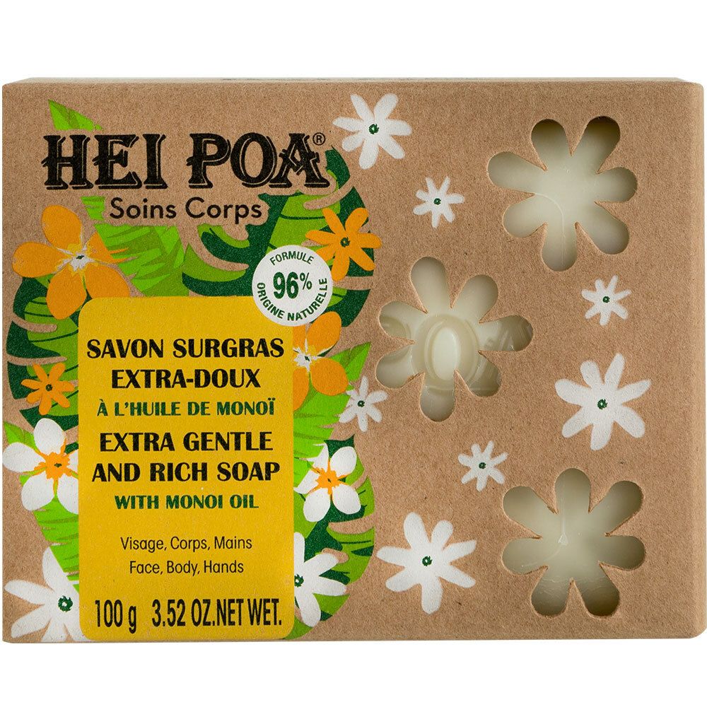Kartonnen verpakking met HEI POA-logo en zeep. Tekst: Savon Surgras Extra-Doux à l'Huile de Monoï. 96% Formule d'origine naturelle.