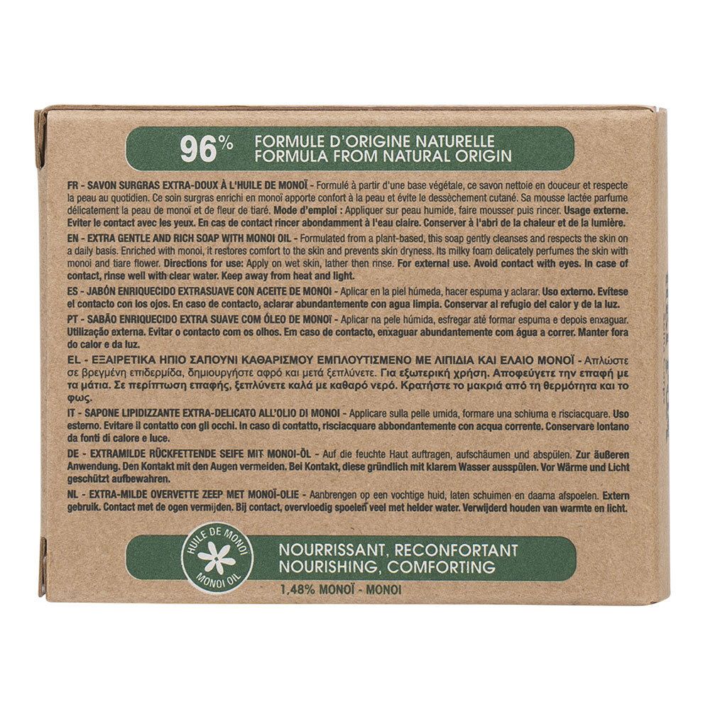 Achterkant van de kartonnen verpakking met meertalige tekst. Bevat informatie over ingrediënten en gebruik.