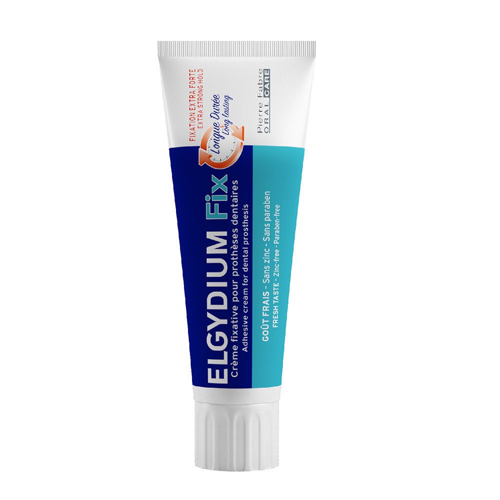 Tube de crème adhésive pour prothèses dentaires Elgydium Fix. Bleu et blanc. Texte : Fixation extra forte, longue durée.