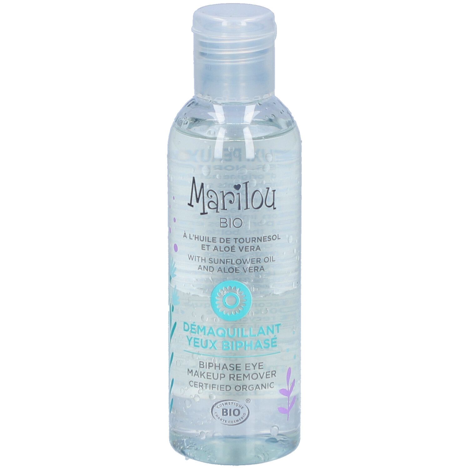 Transparante fles met Marilou Bio-label. Opschrift: Tweefasige oogmake-up remover. Bio-certificering.