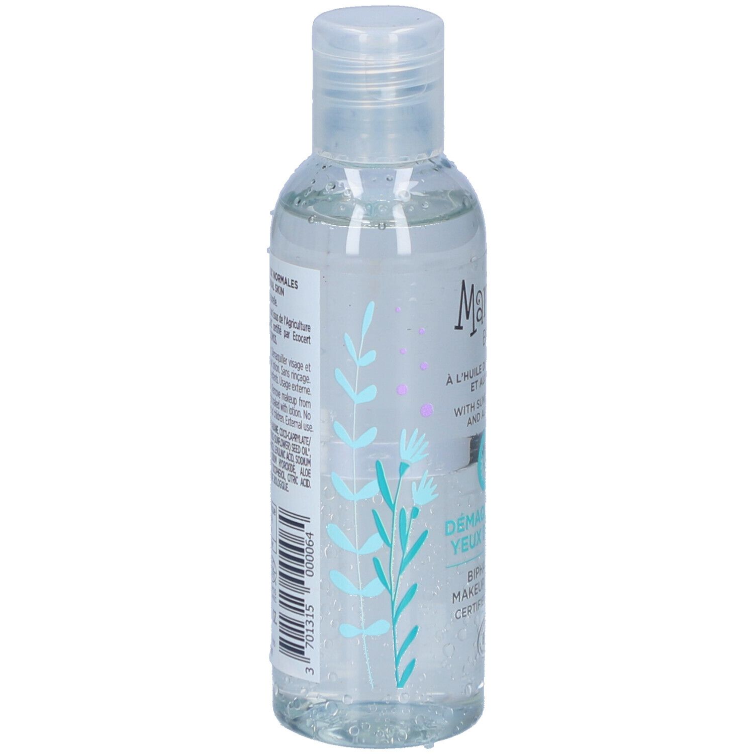 Transparante fles met Marilou Bio-label. Achterkant met productinformatie en ingrediënten.