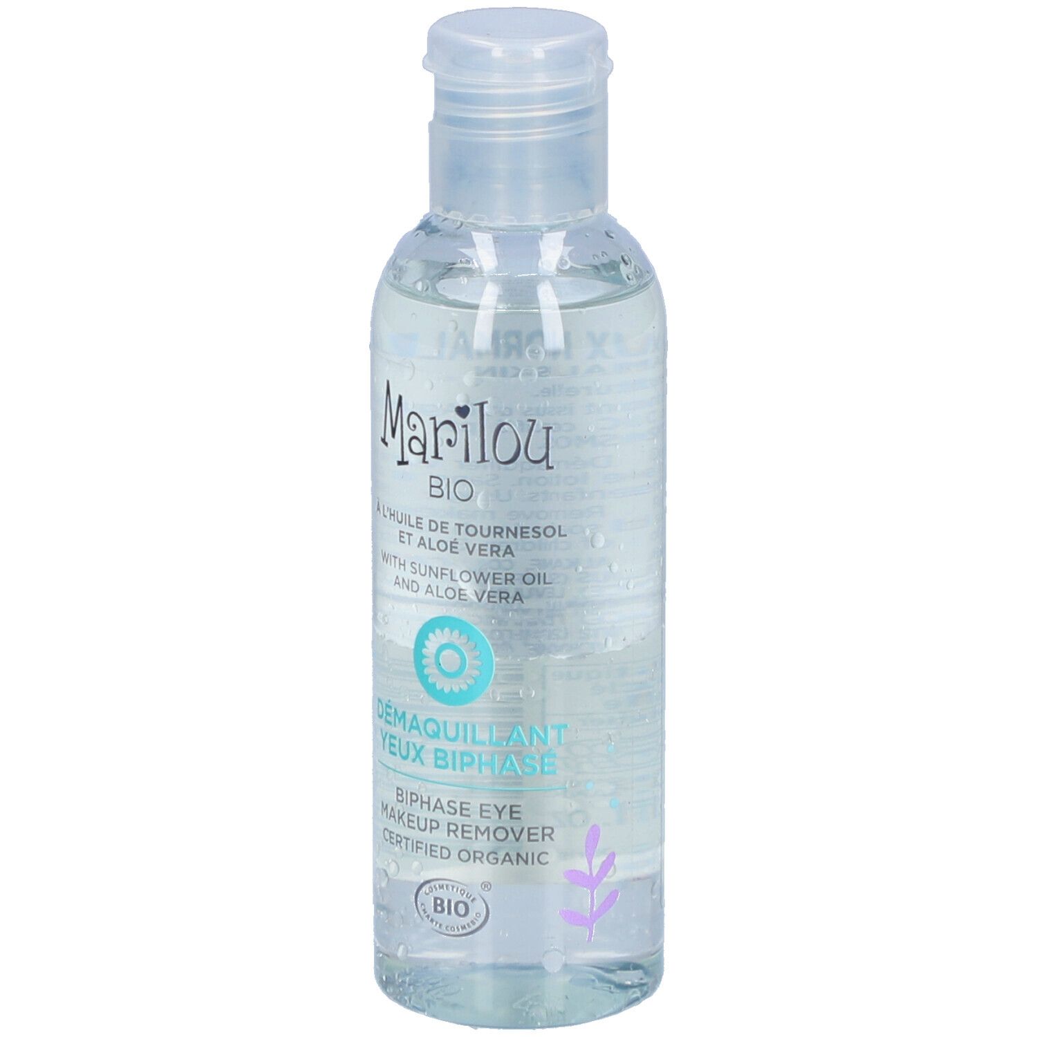Transparante fles met Marilou Bio-label. Opschrift: Tweefasige oogmake-up remover. Bio-certificering.