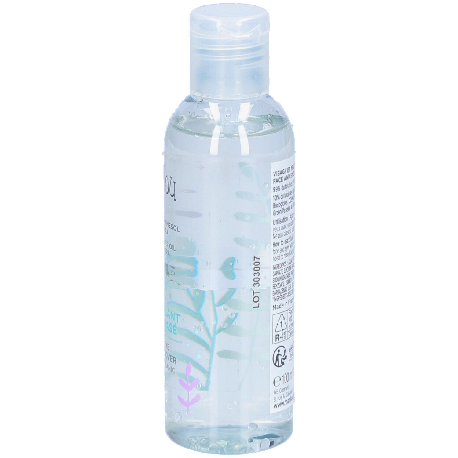 Transparante fles met Marilou Bio-label. Achterkant met productinfo en certificeringen.