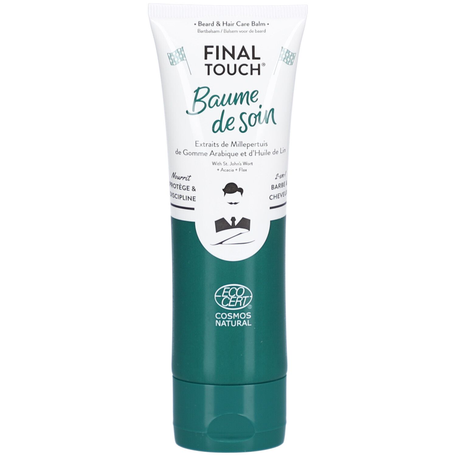 Wit-groene tube met "Baume de soin". Logo "Final Touch" en "Cosmos Natural" certificering.