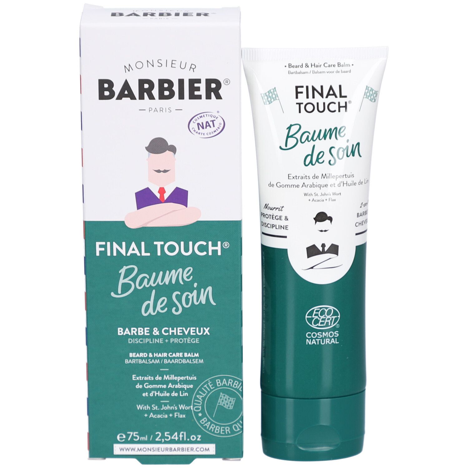 Product en verpakking. Tube en doos met "Baume de soin". Logo "Monsieur Barbier".