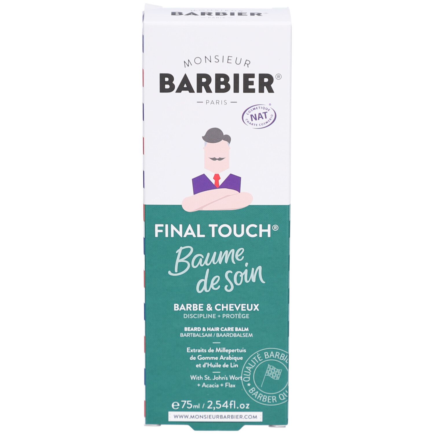 Kartonnen verpakking. Productnaam "Baume de soin". Logo "Monsieur Barbier". Tekst: "Barbe & Cheveux".
