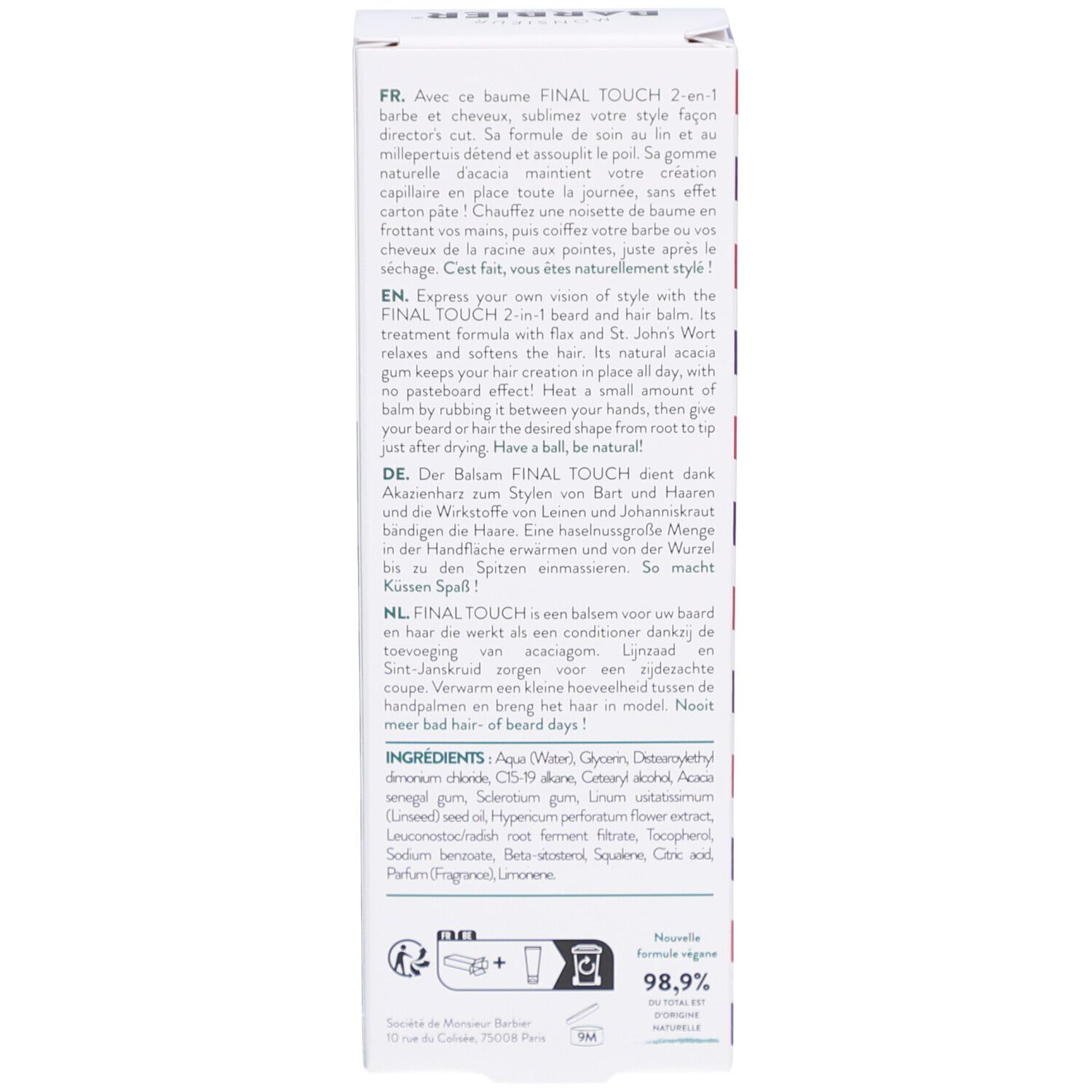 Achterkant van de kartonnen verpakking. Meertalige tekst. Bevat informatie over ingrediënten en gebruik.