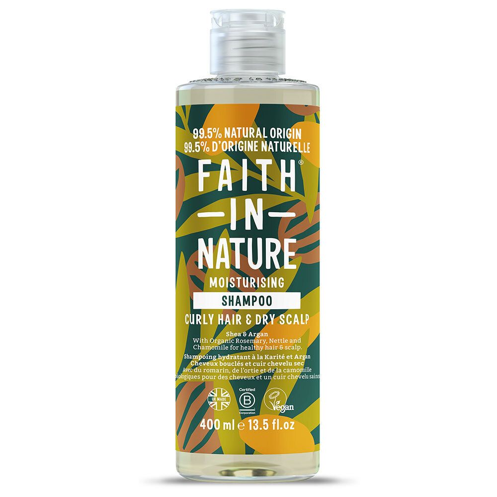 Shampoo fles. Opschrift: FAITH IN NATURE, hydraterend, voor krullend haar & droge hoofdhuid. Vegan. 400 ml.