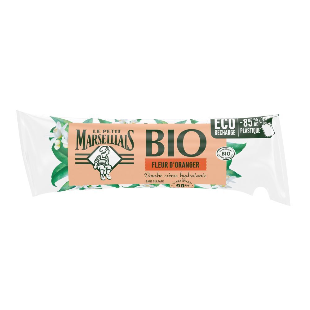 Navulling met BIO-tekst, Fleur d'Oranger en logo. Transparante verpakking met groene bladeren en bloemen.