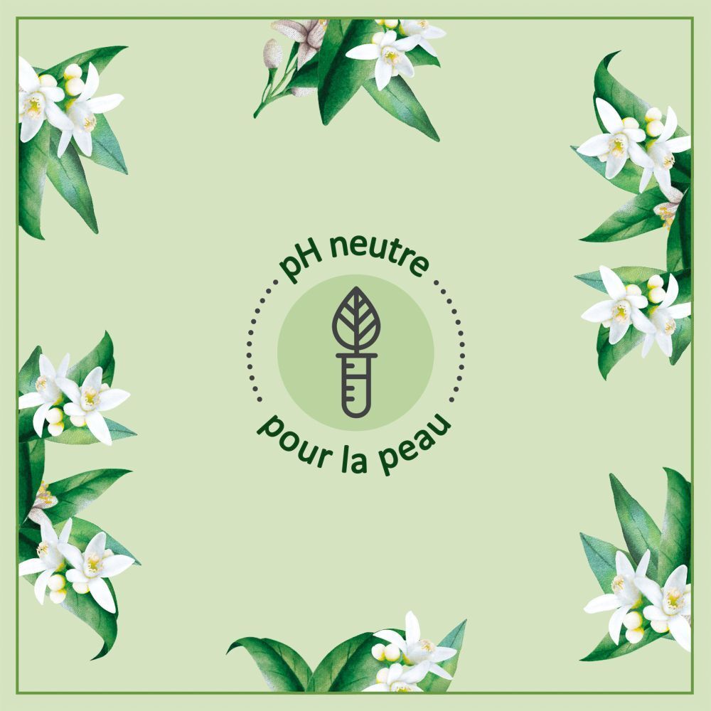 Groene achtergrond met witte bloemen en bladeren. Tekst: pH neutre pour la peau.