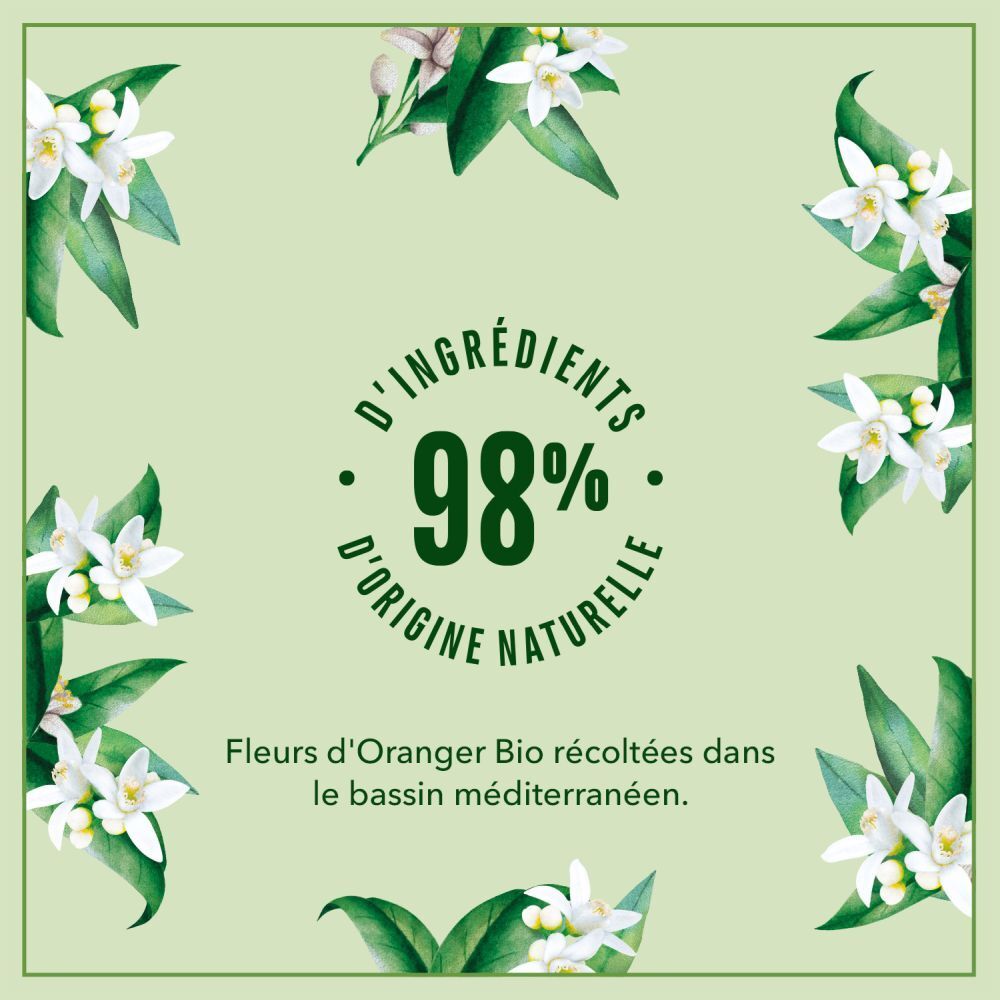 Vierkante afbeelding, groene achtergrond, witte bloemen. Tekst: 98% d'ingrédients d'origine naturelle. Fleurs d'Oranger Bio récoltées dans le bassin méditerranéen.