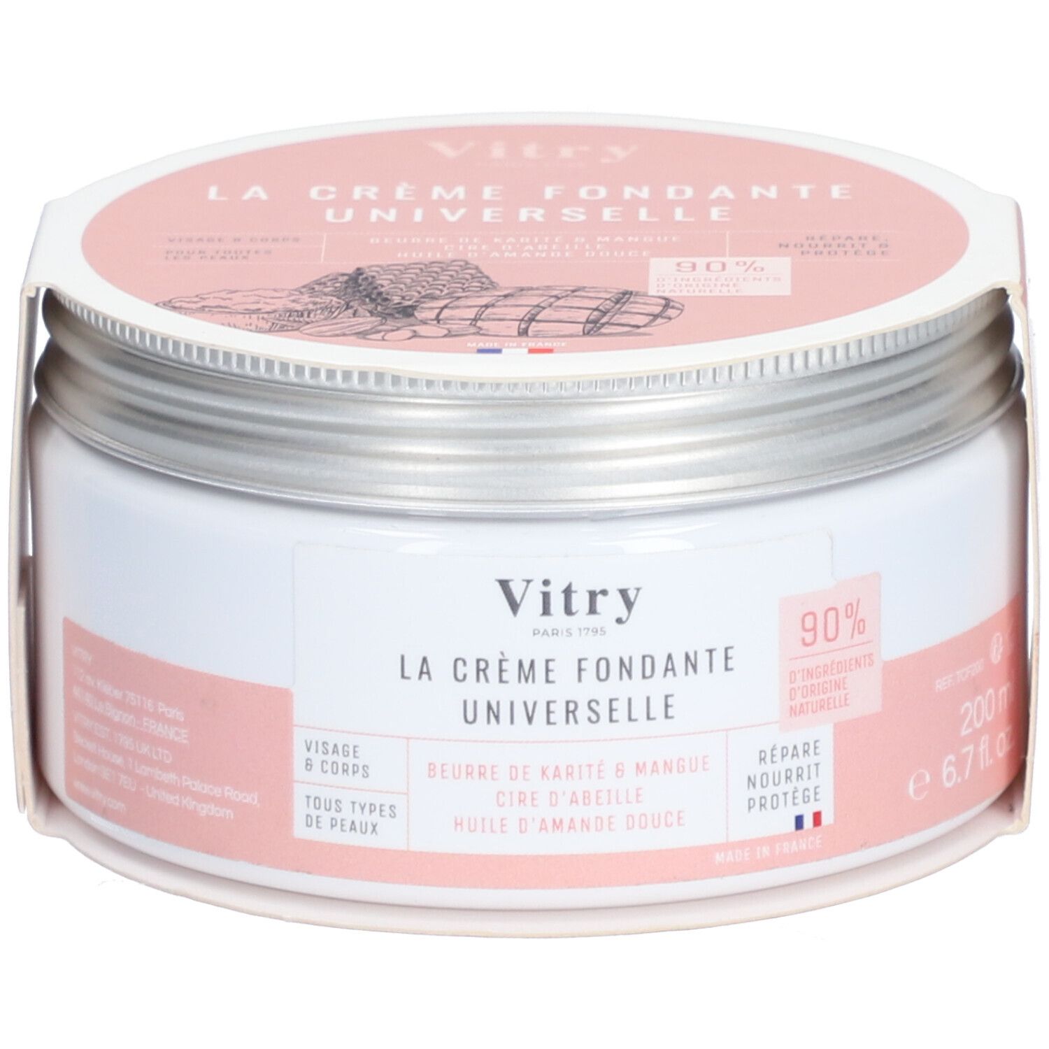 Pot de crème avec couvercle. Inscription: Vitry, La Crème Fondante Universelle. Emballage rose et blanc. 90% d'ingrédients d'origine naturelle.