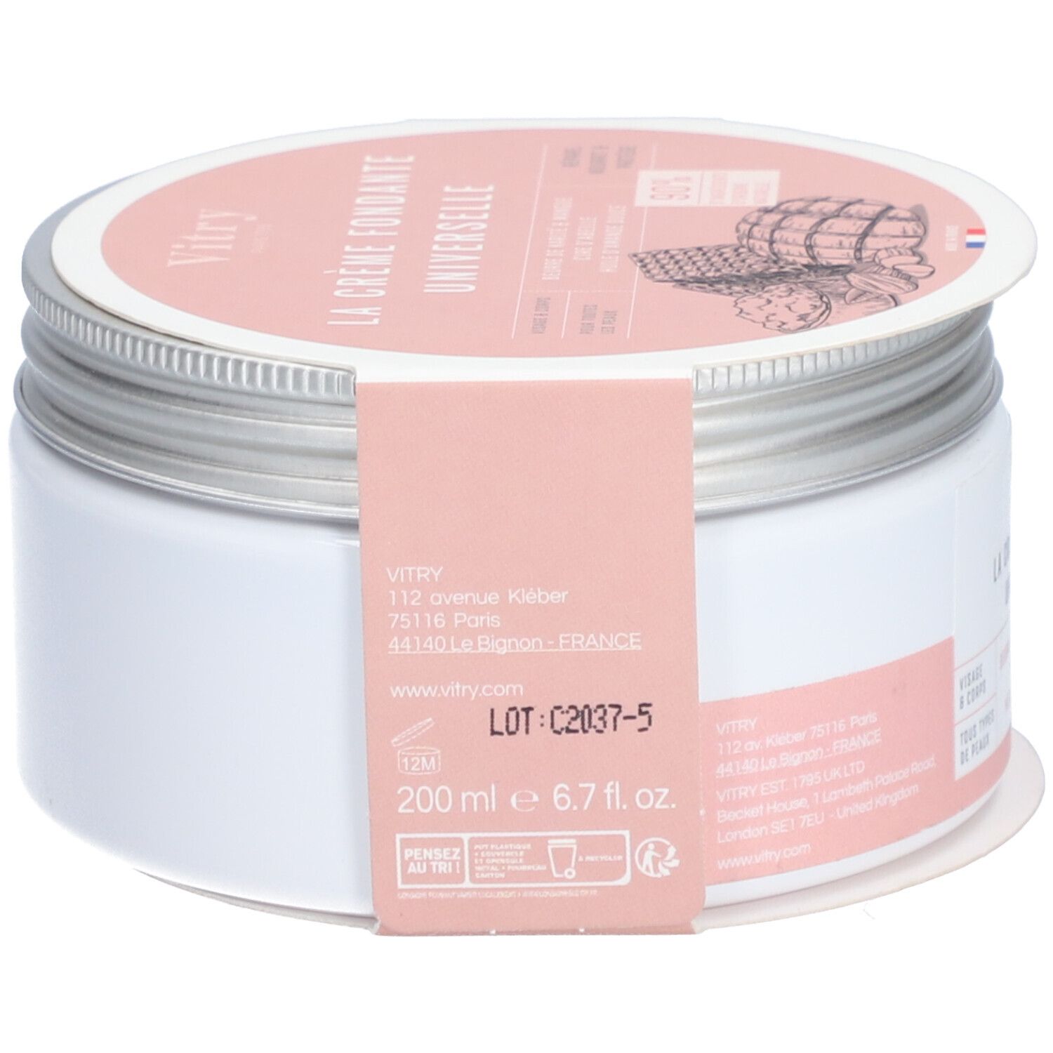 Pot de crème avec couvercle. Inscription: Vitry, La Crème Fondante Universelle. Emballage rose et blanc. Étiquette avec informations et numéro de lot.