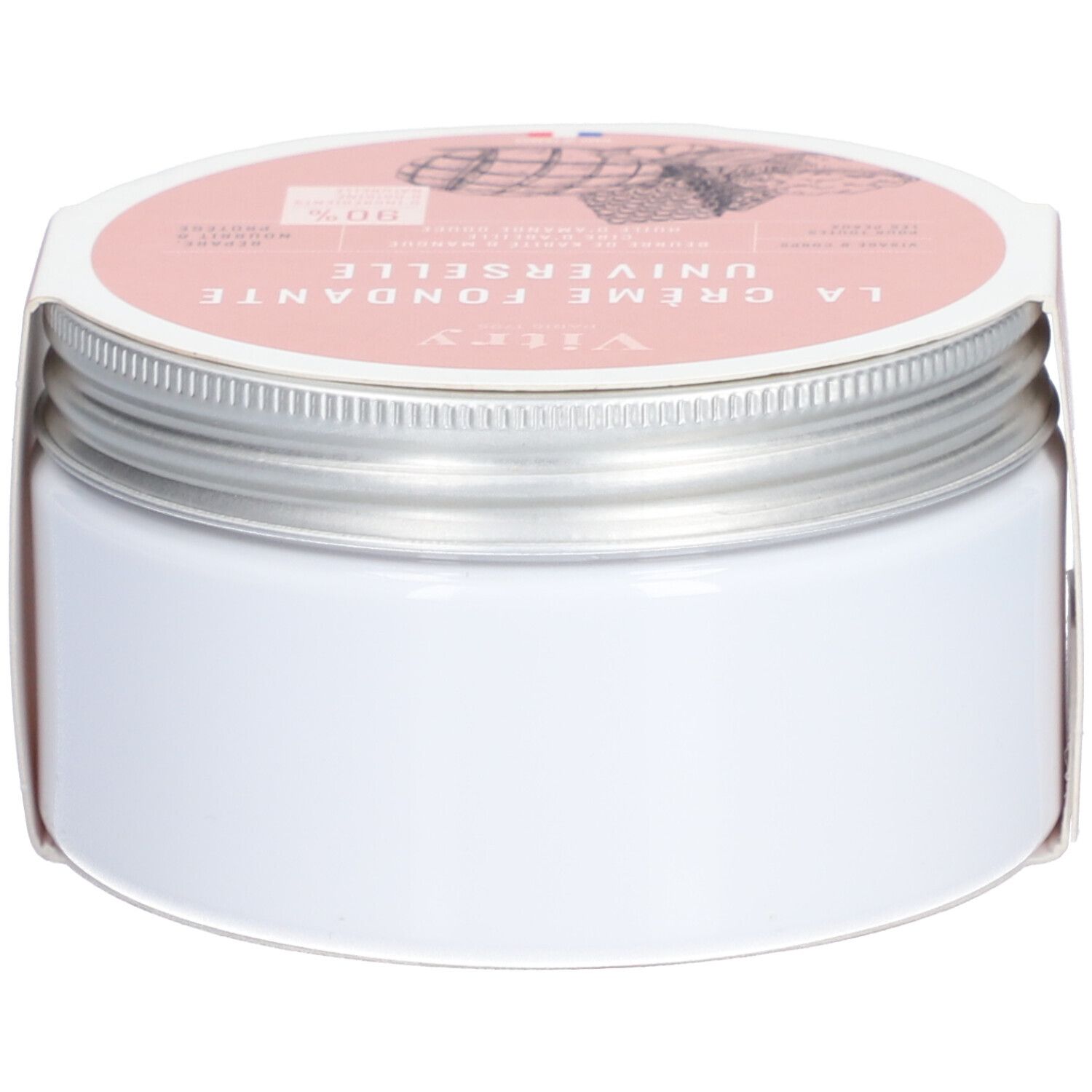 Pot de crème blanc avec couvercle argenté. Inscription: Vitry, La Crème Fondante Universelle. Étiquette rose avec nom du produit.