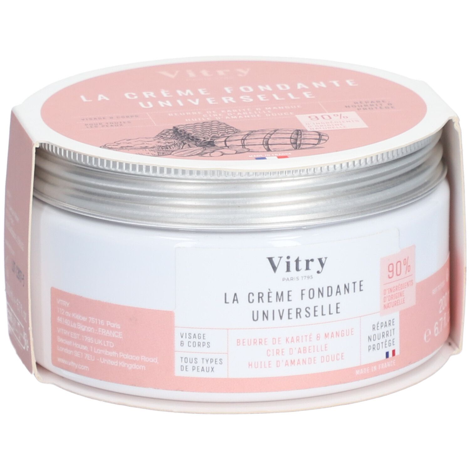 Pot de crème avec couvercle. Inscription: Vitry, La Crème Fondante Universelle. Emballage rose et blanc. 90% d'ingrédients d'origine naturelle.