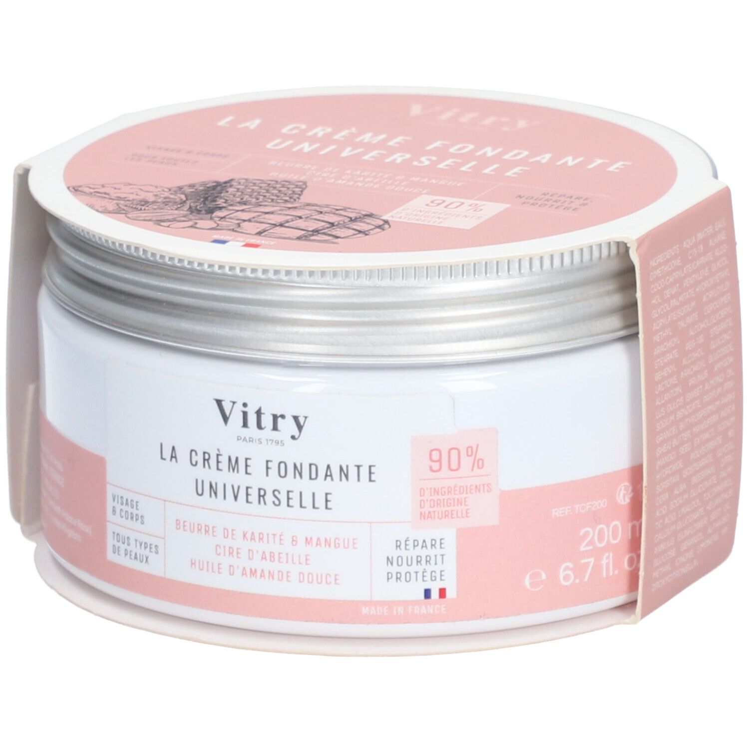 Pot de crème avec couvercle. Inscription: Vitry, La Crème Fondante Universelle. Emballage rose et blanc. 90% d'ingrédients d'origine naturelle.