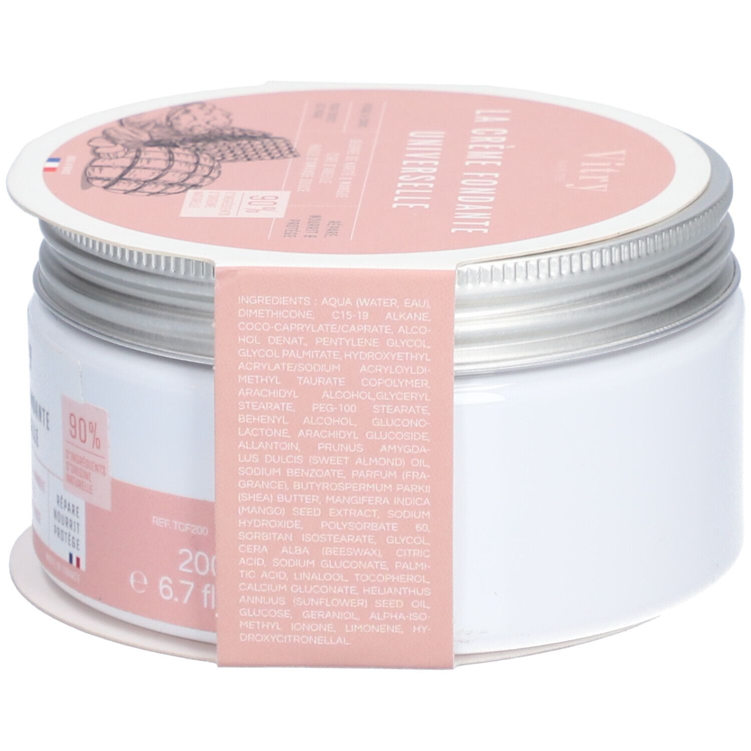 Pot de crème avec couvercle. Inscription: Vitry, La Crème Fondante Universelle. Emballage rose et blanc. Liste des ingrédients au dos.