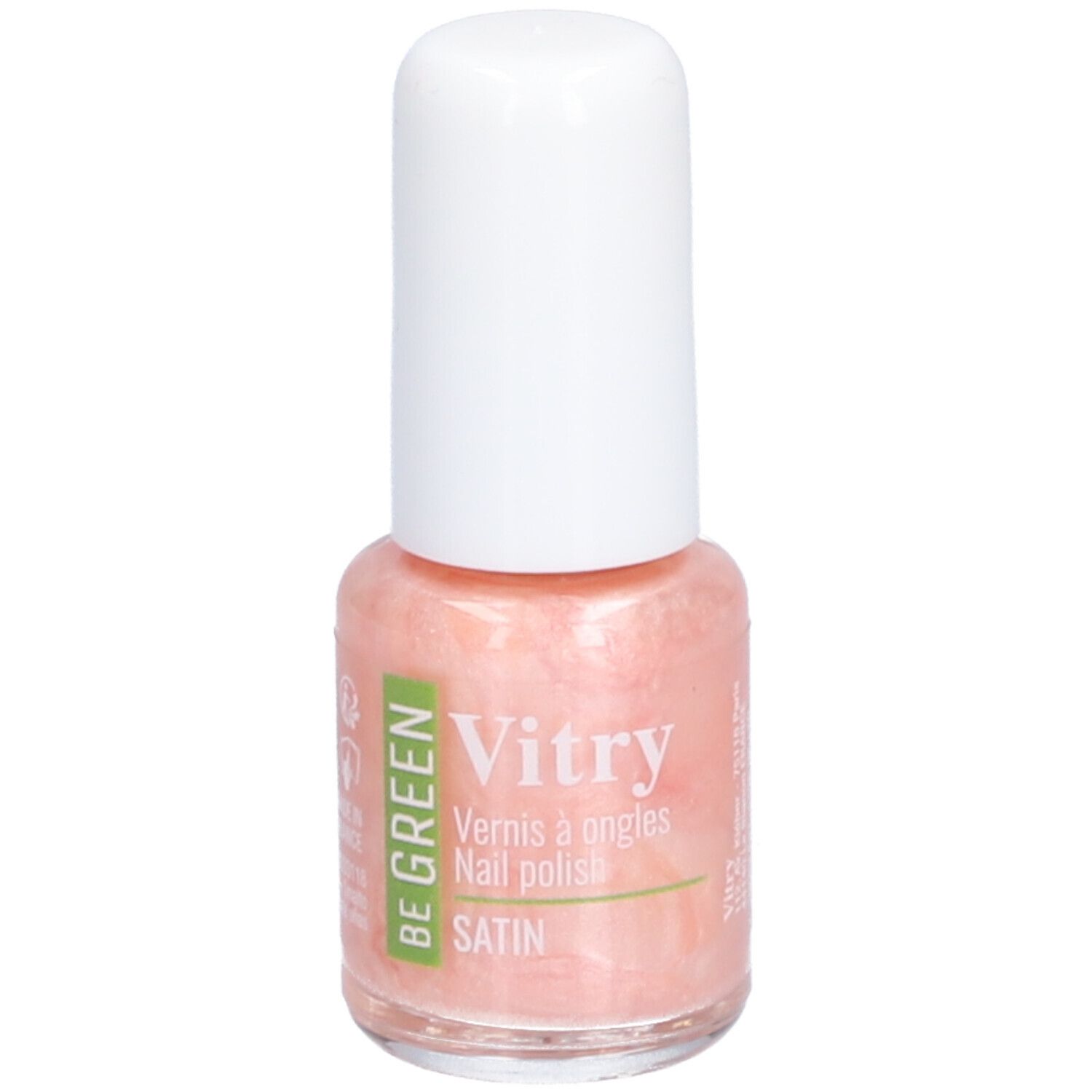 Flacon de vernis à ongles avec bouchon blanc. Inscription : Vitry, BE GREEN, Satin. Vernis rose.