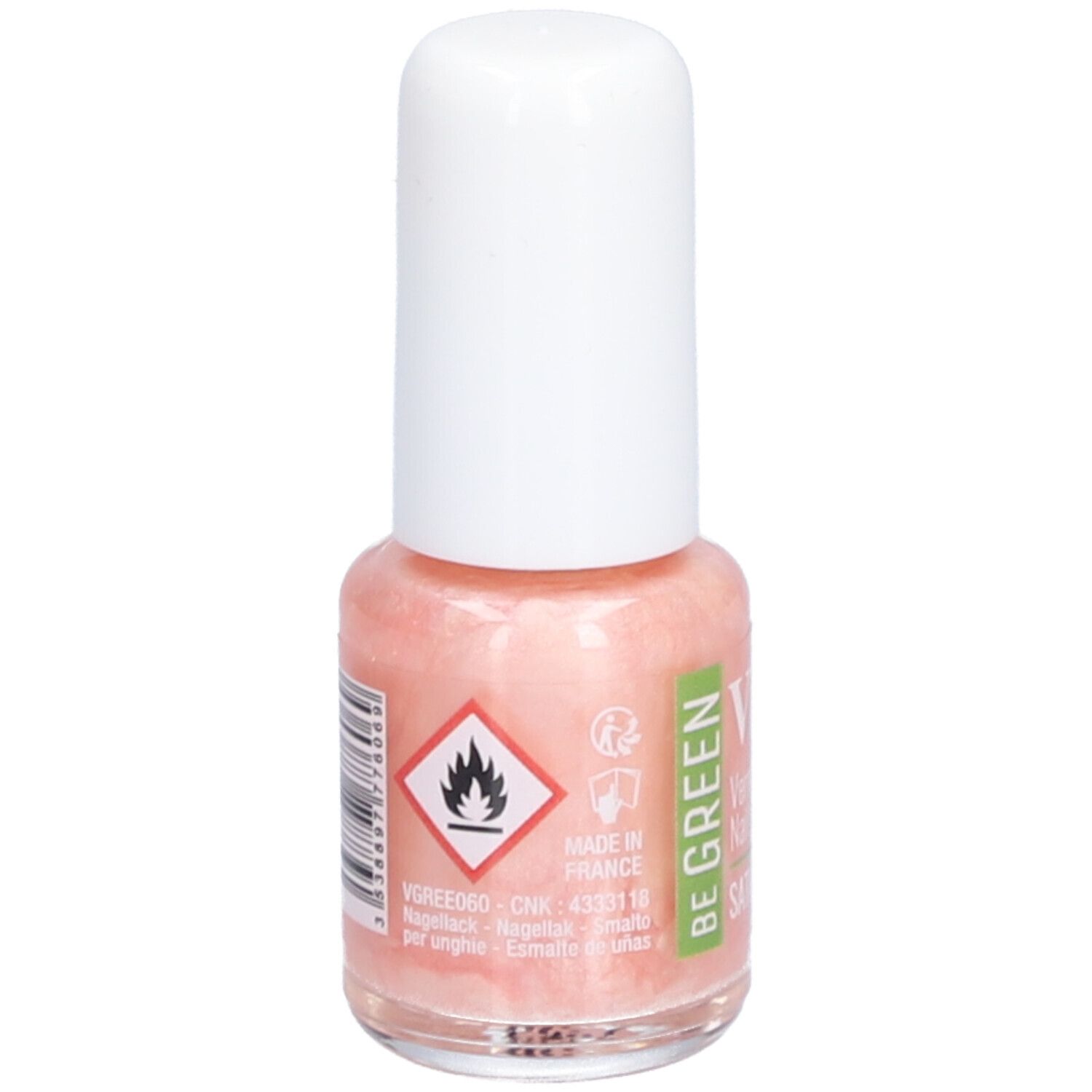 Flacon de vernis à ongles avec bouchon blanc. Inscription : Vitry, BE GREEN. Vernis rose. Symbole de danger.