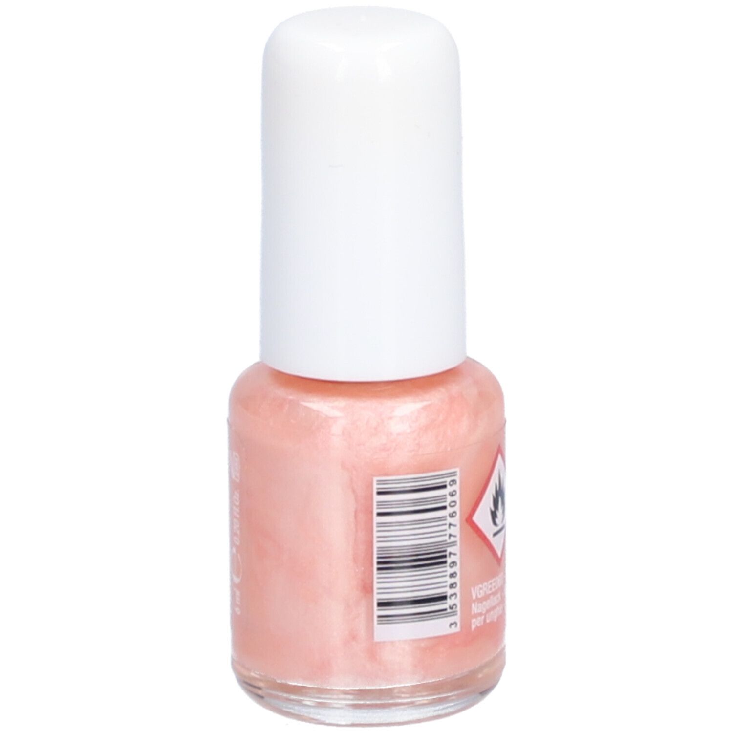 Flacon de vernis à ongles avec bouchon blanc. Vernis rose. Symbole de danger et code-barres.