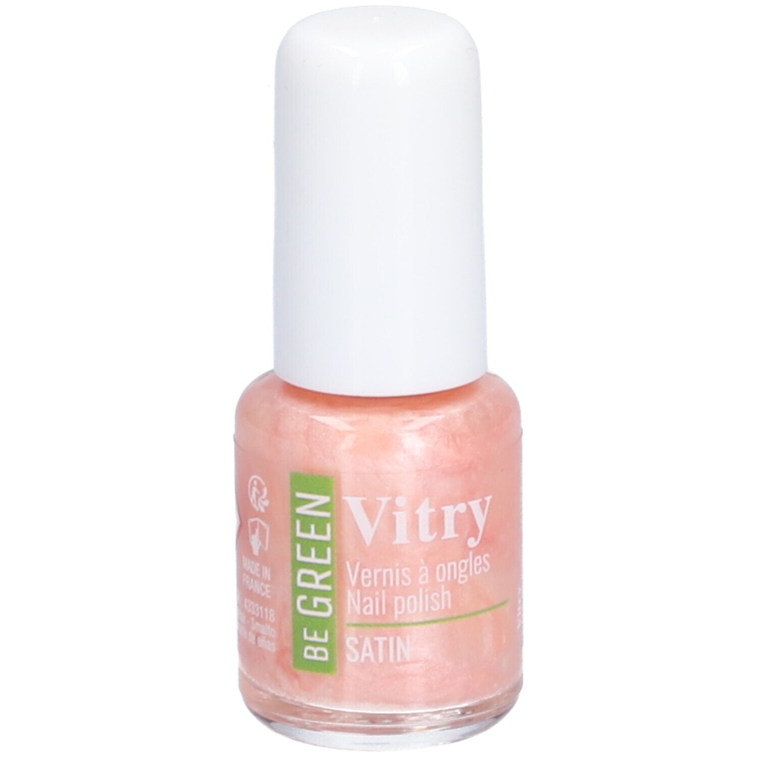 Flacon de vernis à ongles avec bouchon blanc. Inscription : Vitry, BE GREEN, Satin. Vernis rose.
