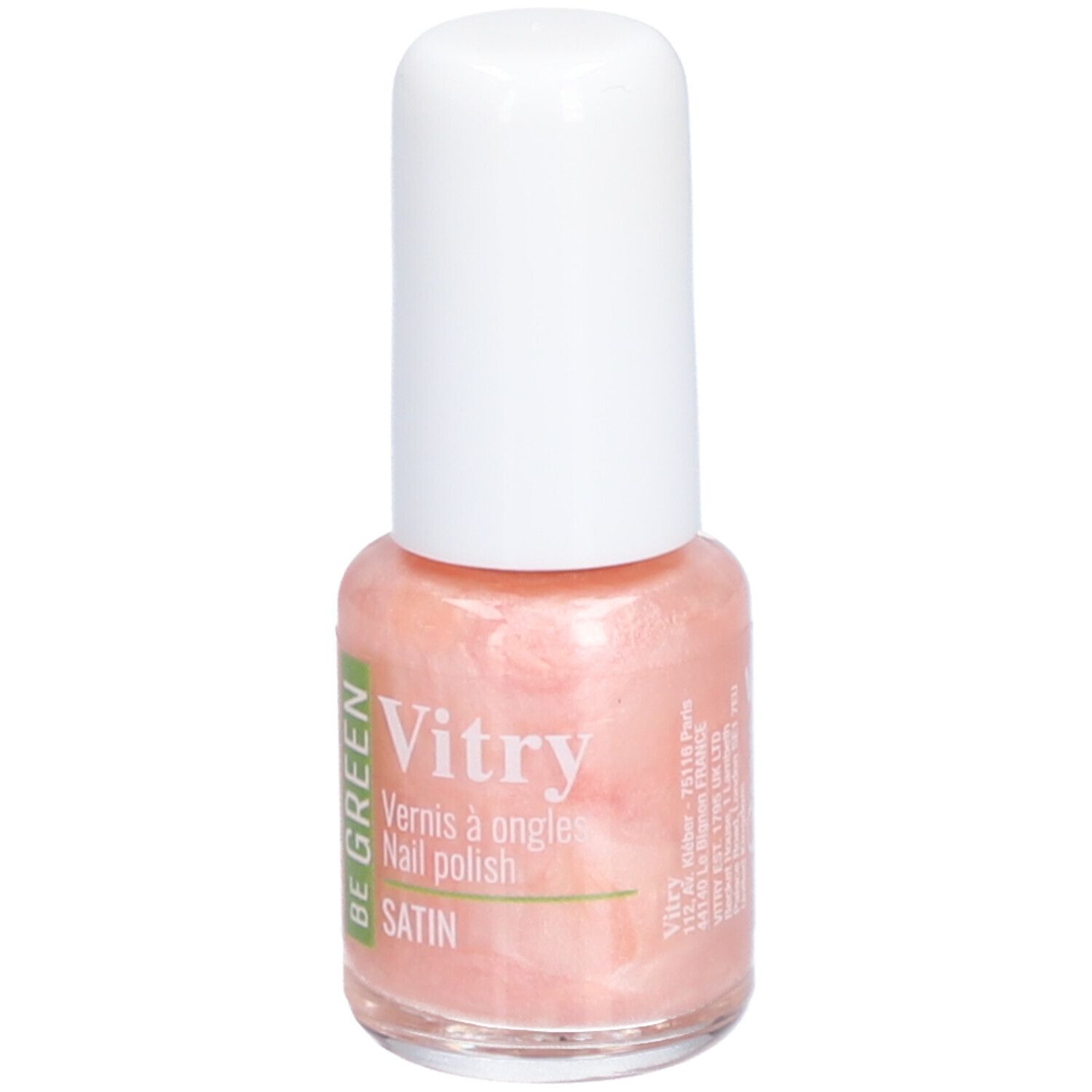 Flacon de vernis à ongles avec bouchon blanc. Inscription : Vitry, BE GREEN, Satin. Vernis rose.