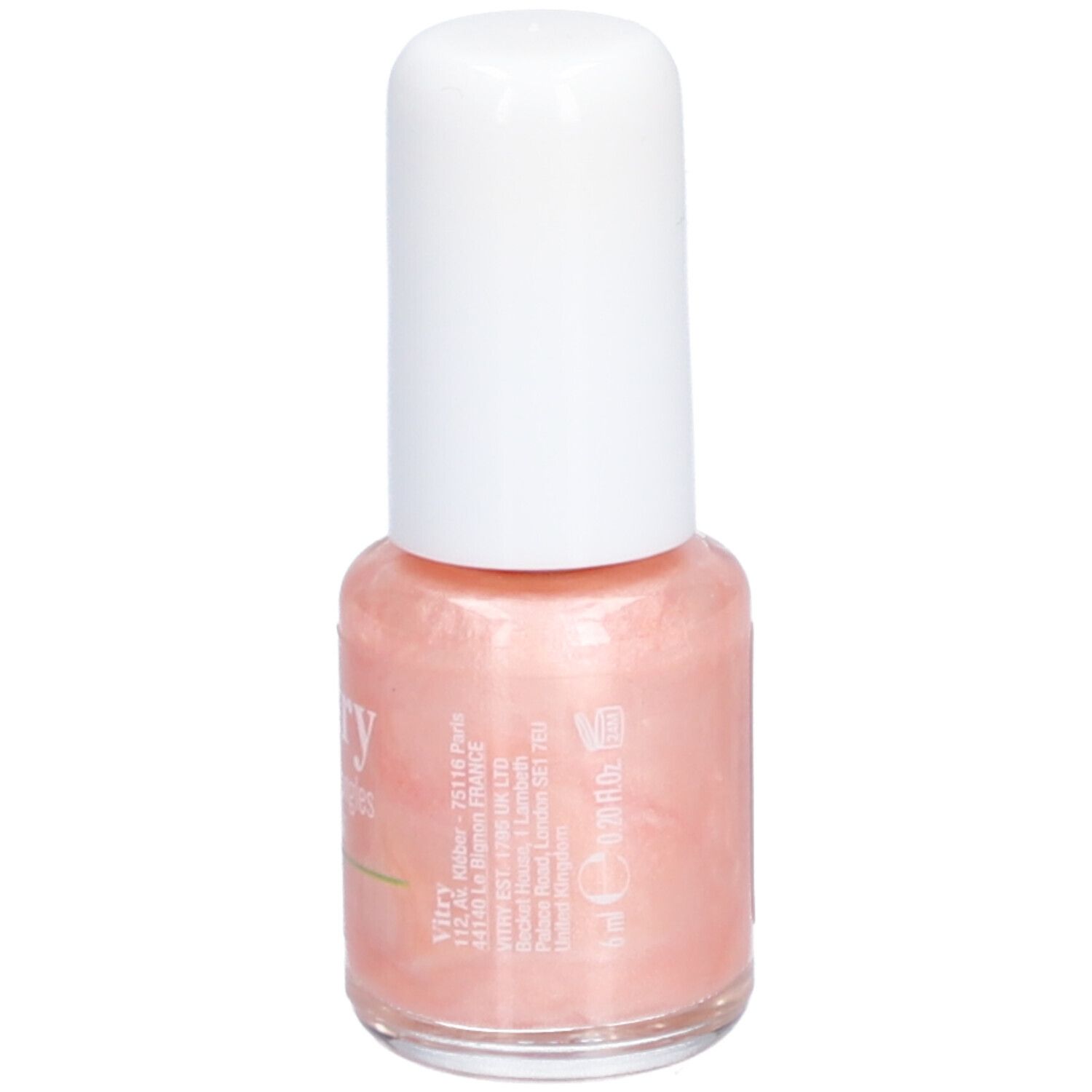 Flacon de vernis à ongles avec bouchon blanc. Vernis rose. Inscription : Vitry. Volume : 8 ml.