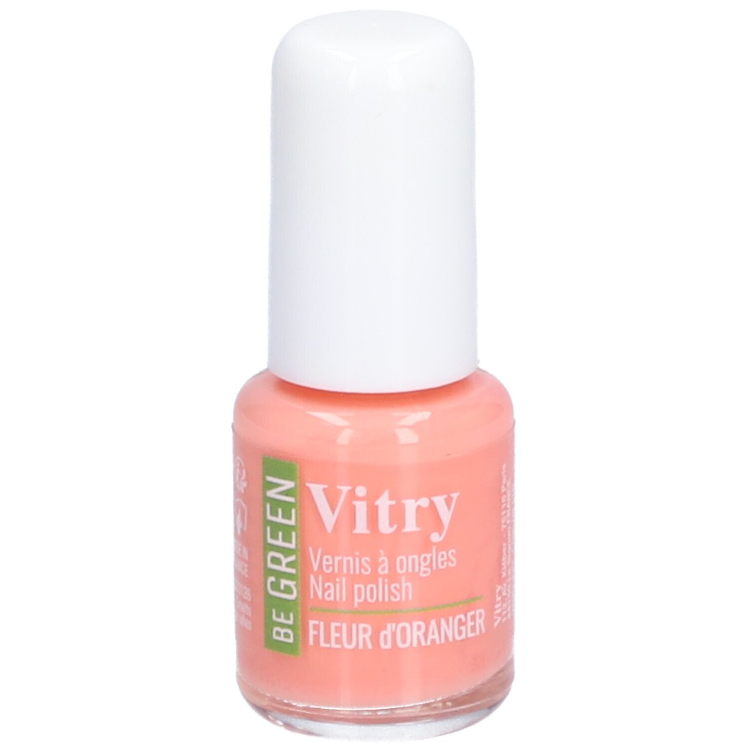 Flacon de vernis à ongles avec bouchon blanc. Inscription: Vitry, BE GREEN, Fleur d'oranger. Couleur: saumon.