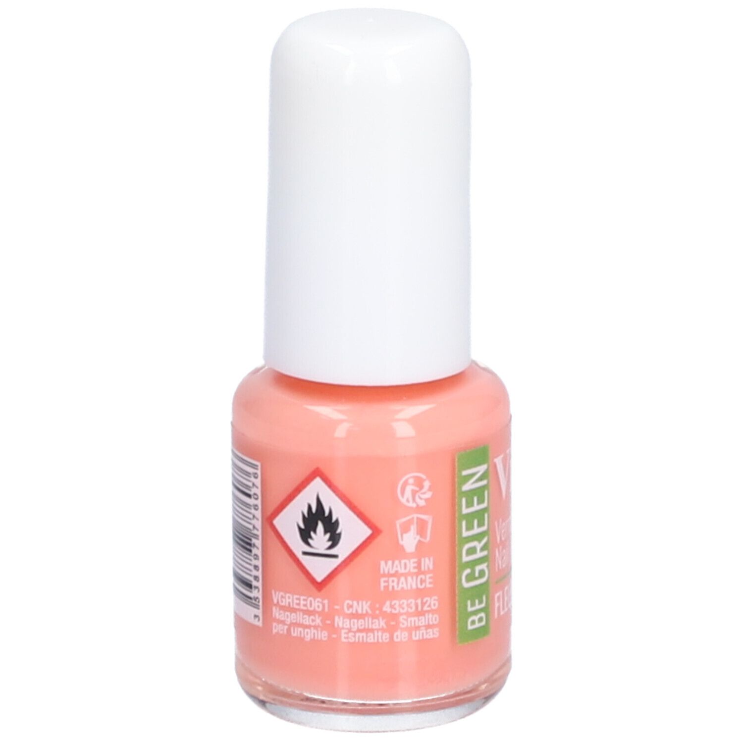 Flacon de vernis à ongles avec bouchon blanc. Inscription: Vitry, BE GREEN. Avertissement. Fabriqué en France. Couleur: saumon.