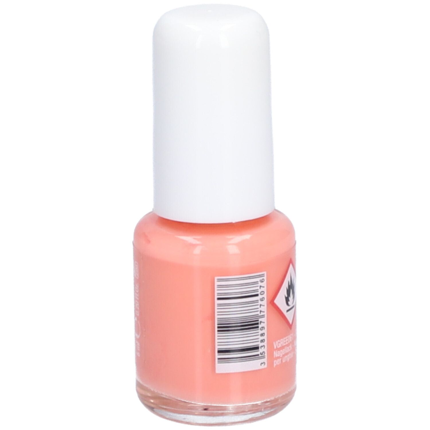 Flacon de vernis à ongles avec bouchon blanc. Code-barres et avertissement. Couleur: saumon.