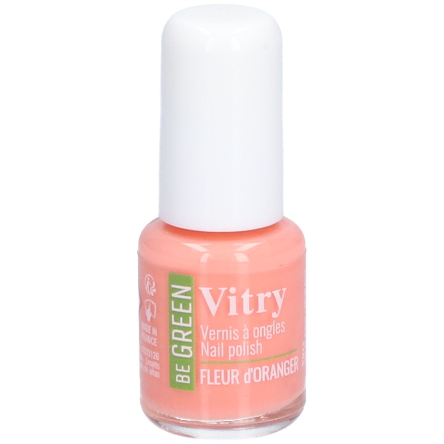 Flacon de vernis à ongles avec bouchon blanc. Inscription: Vitry, BE GREEN, Fleur d'oranger. Couleur: saumon.