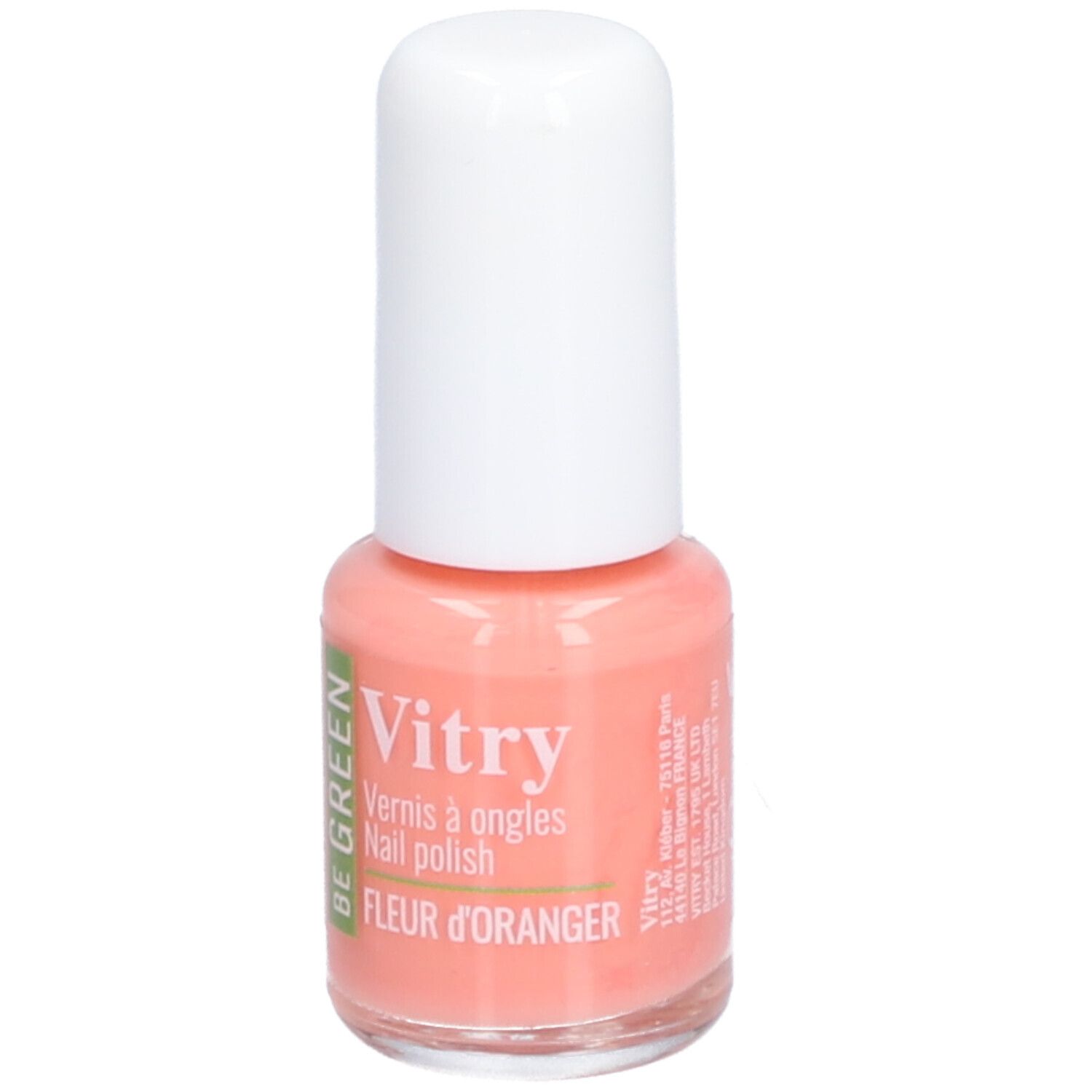 Flacon de vernis à ongles avec bouchon blanc. Inscription: Vitry, BE GREEN, Fleur d'oranger. Couleur: saumon.