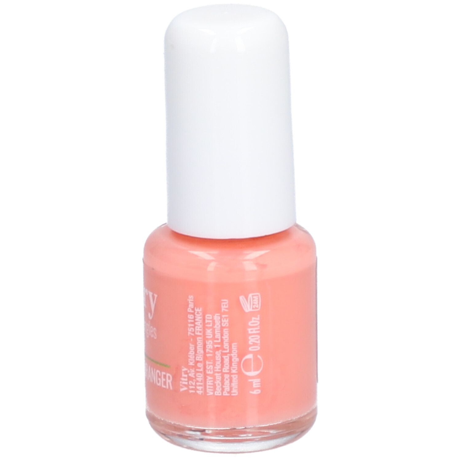Flacon de vernis à ongles avec bouchon blanc. Inscription: Vitry, Fleur d'oranger. Volume: 6 ml. Couleur: saumon.