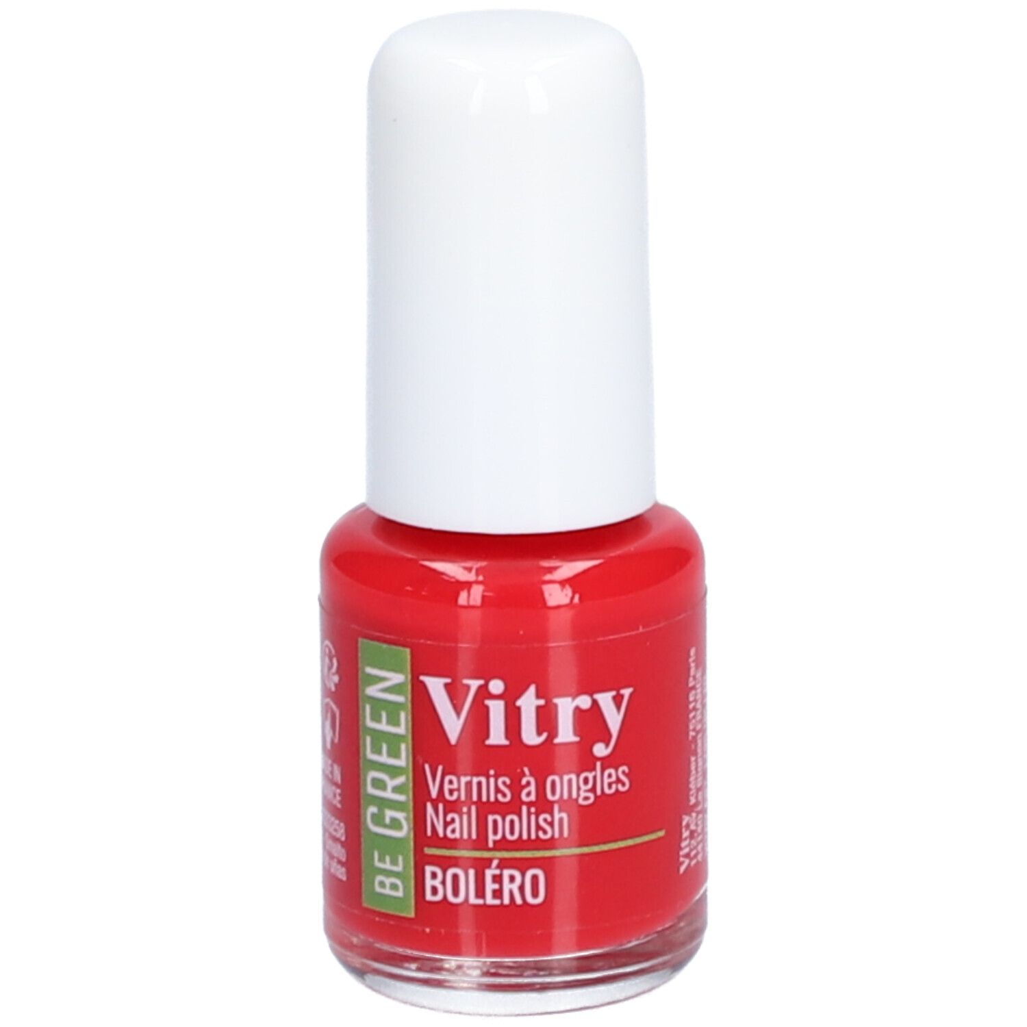 Rode nagellakfles met witte dop. Opschrift: Vitry, BE GREEN, Boléro. Franse en Engelse opschriften.