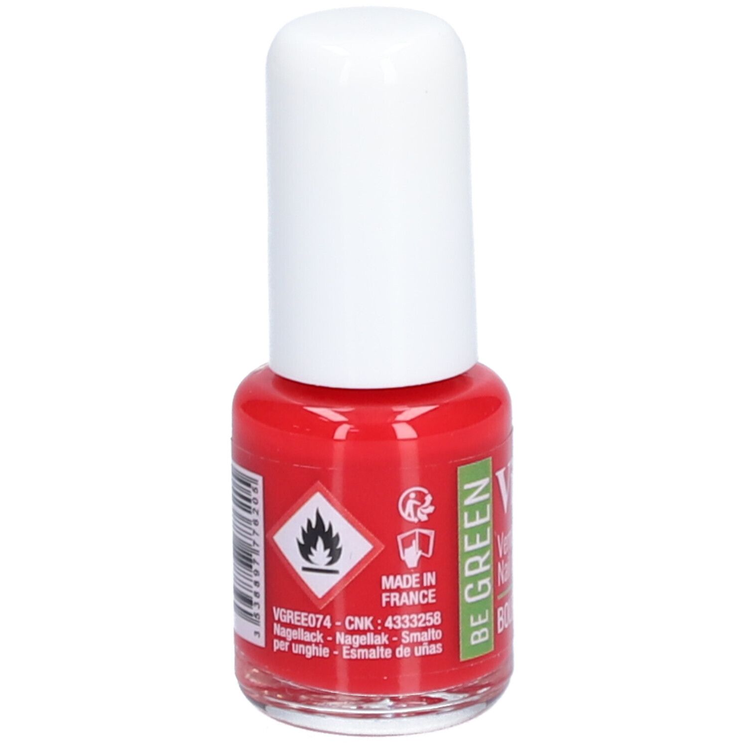 Rode nagellakfles met witte dop. Opschrift: Vitry, BE GREEN, Boléro. Met gevaarsymbolen en 'Made in France'.