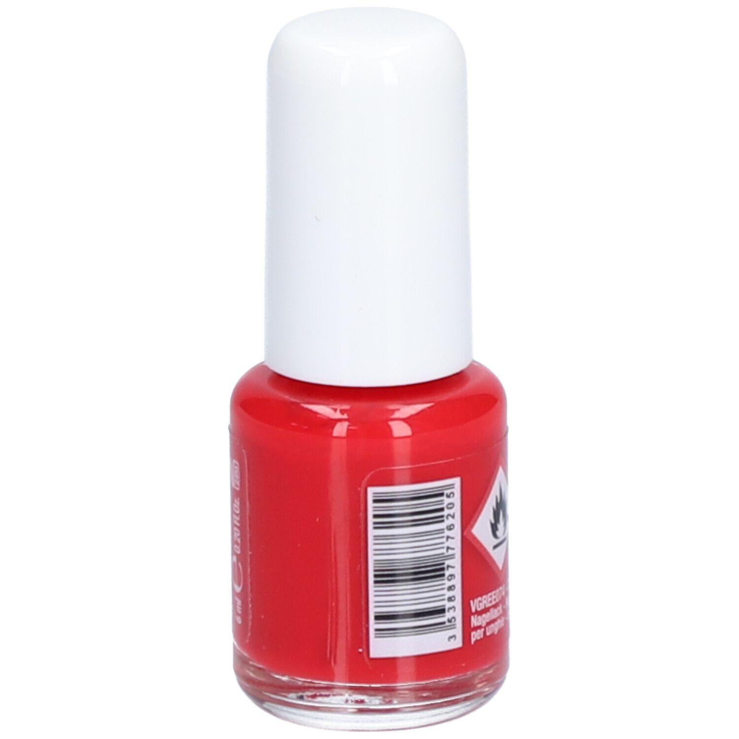 Rode nagellakfles met witte dop. Achterkant met barcode en gevaarsymbool.