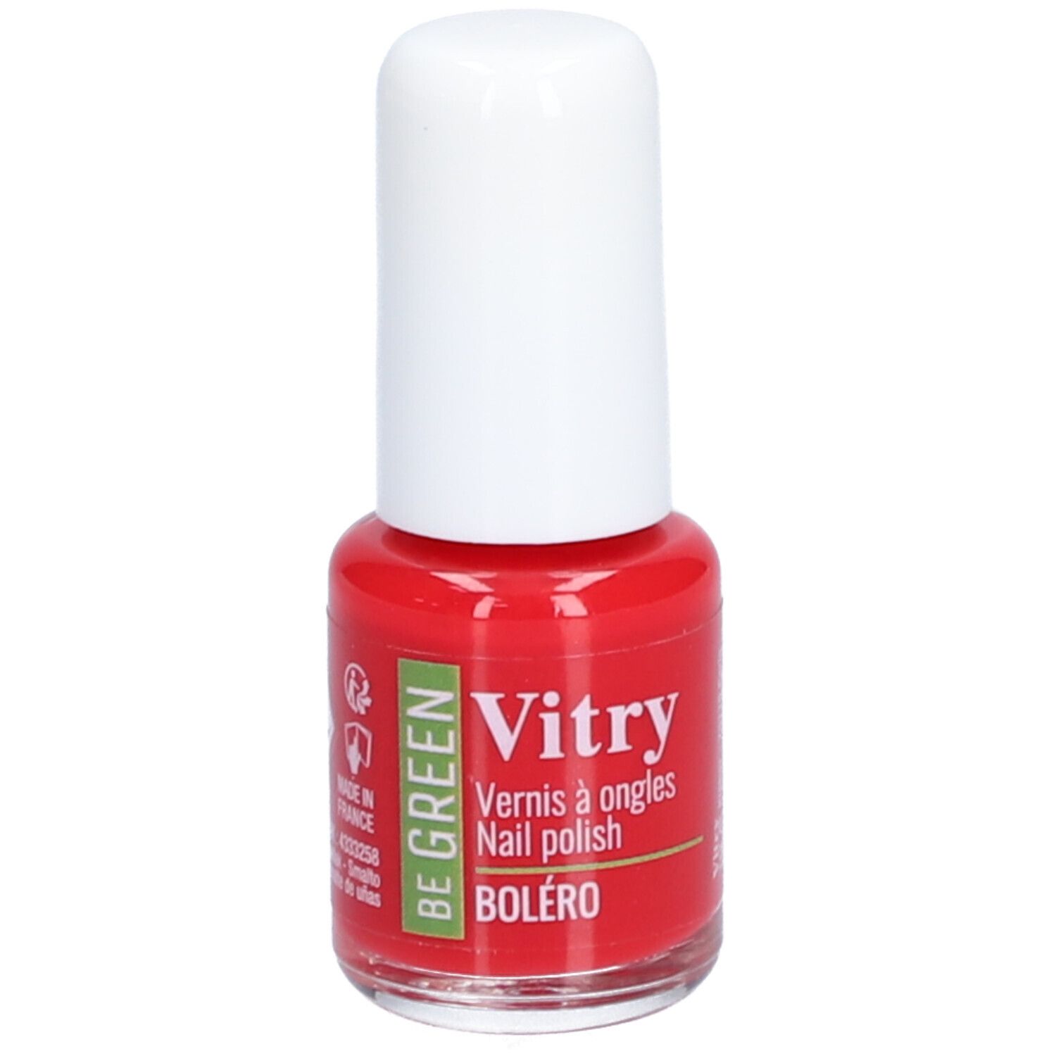 Rode nagellakfles met witte dop. Opschrift: Vitry, BE GREEN, Boléro. Met recyclagesymbool en 'Made in France'.