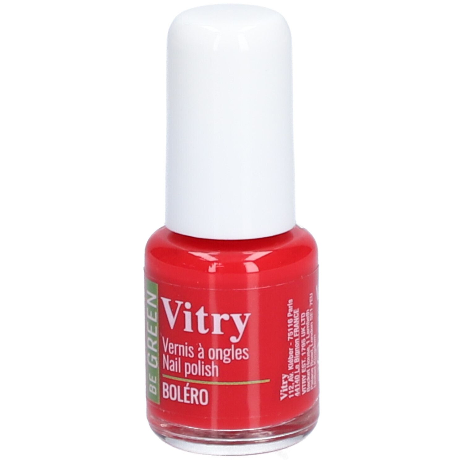 Rode nagellakfles met witte dop. Opschrift: Vitry, BE GREEN, Boléro. Met adres en contactgegevens.