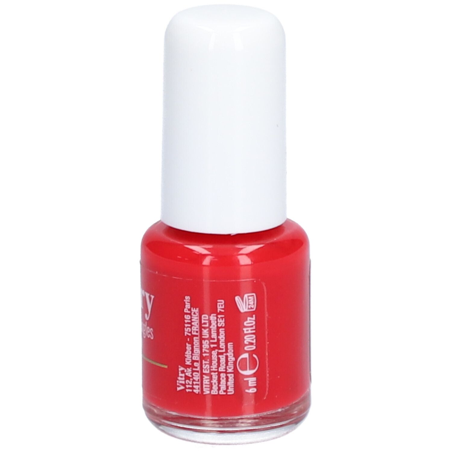 Rode nagellakfles met witte dop. Opschrift: Vitry, BE GREEN, Boléro. Met volume-aanduiding: 6 ml.