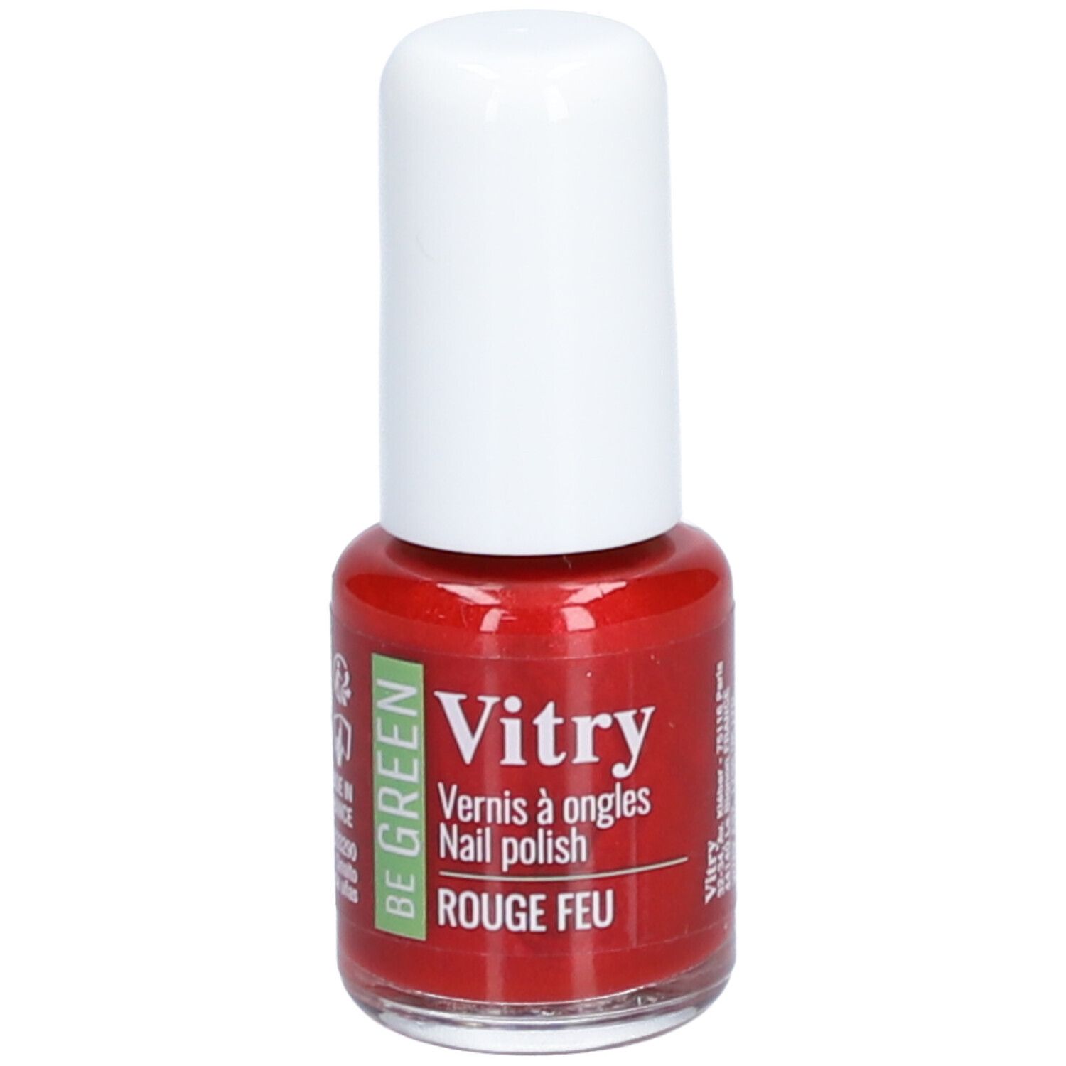 Rode nagellakfles met witte dop. Opschrift: Vitry, Vernis à ongles, Rouge Feu. Be Green.