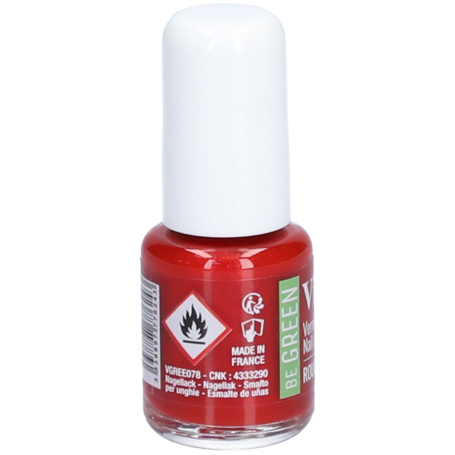 Rode nagellakfles met witte dop. Opschrift: Vitry, Vernis à ongles, Rouge Feu. Be Green. Made in France.