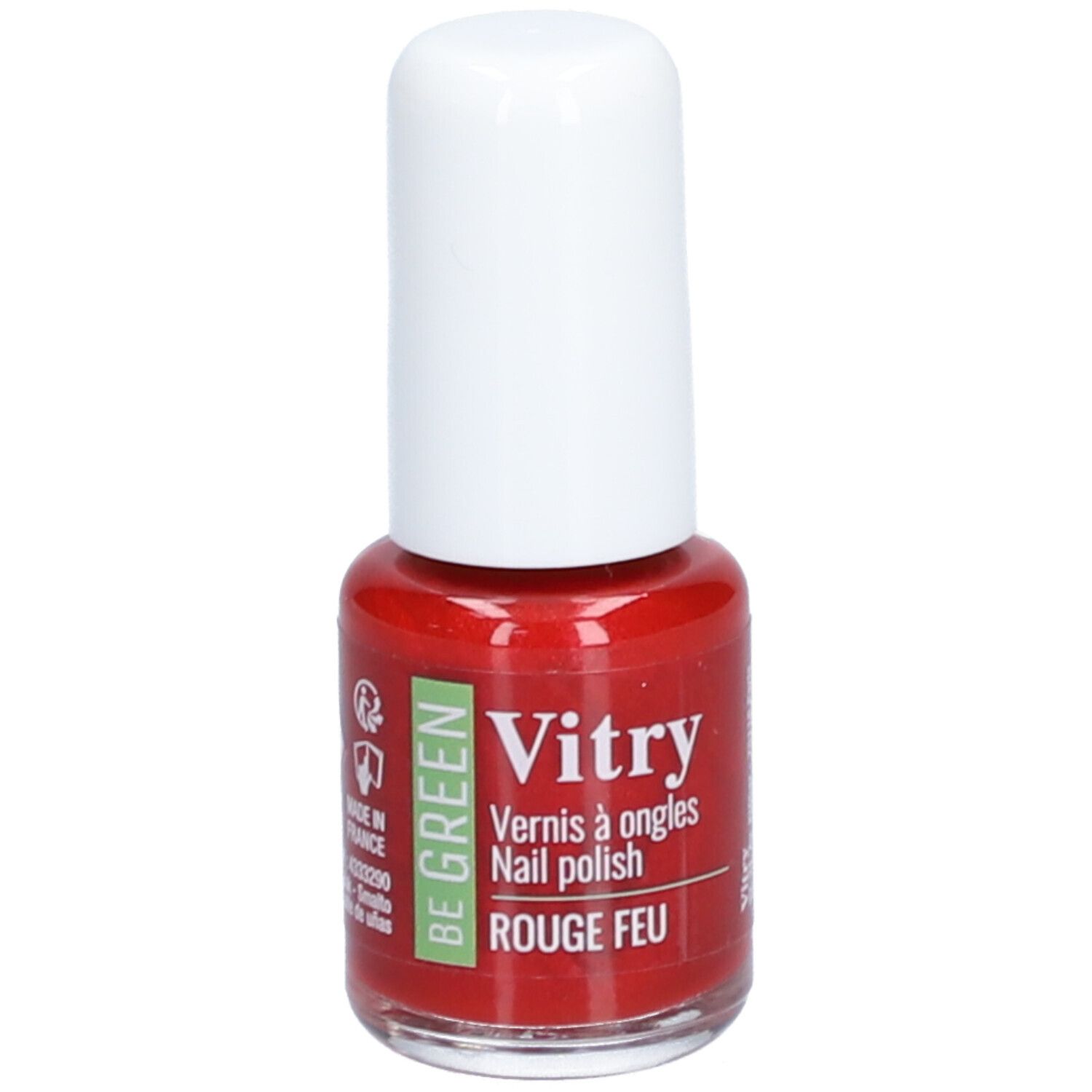 Rode nagellakfles met witte dop. Opschrift: Vitry, Vernis à ongles, Rouge Feu. Be Green. Milieukeurmerk.