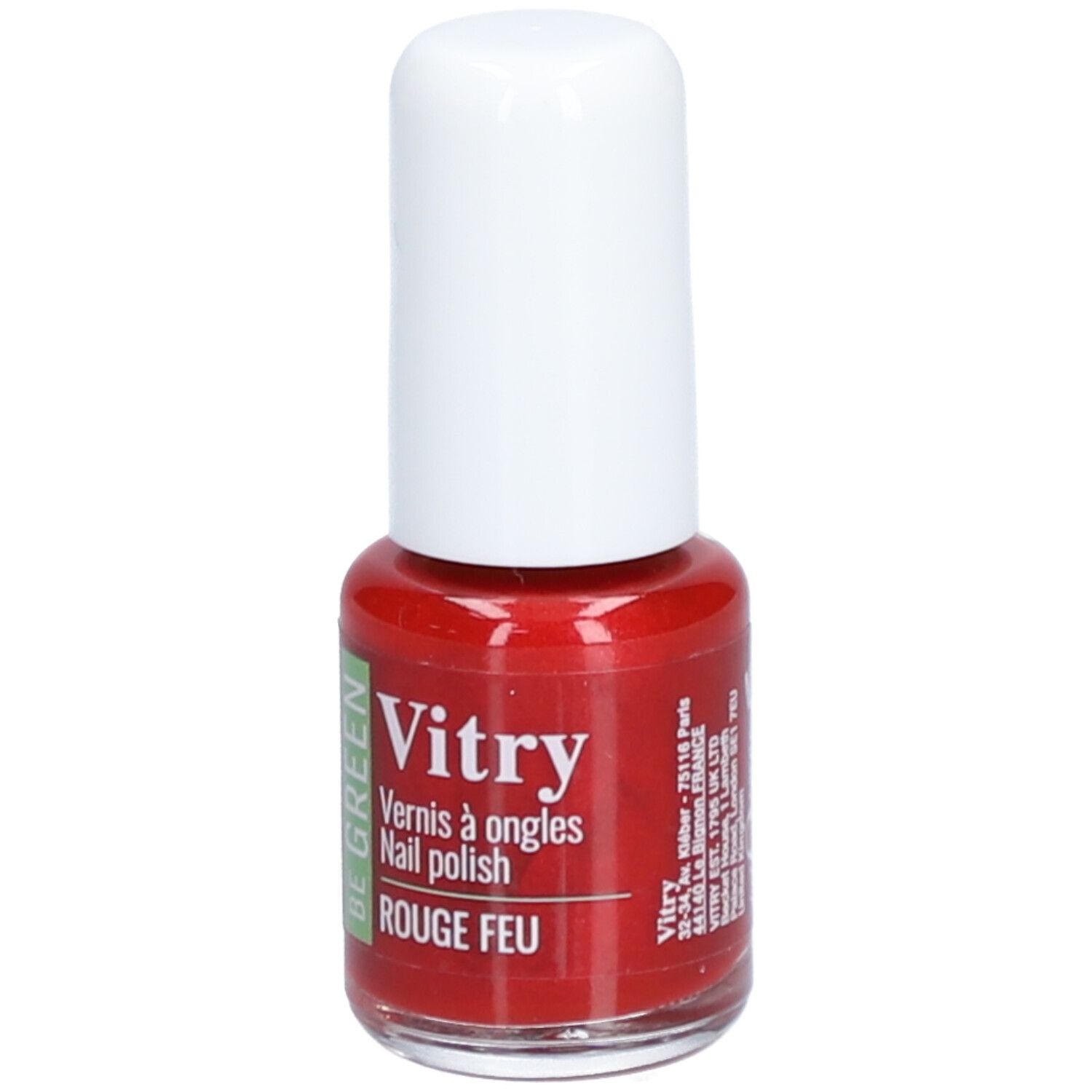 Rode nagellakfles met witte dop. Opschrift: Vitry, Vernis à ongles, Rouge Feu. Be Green. Adres.