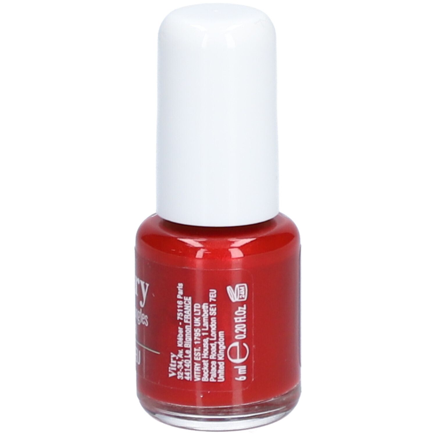 Rode nagellakfles met witte dop. Opschrift: Vitry, Vernis à ongles, Rouge Feu. 6 ml. Adres.