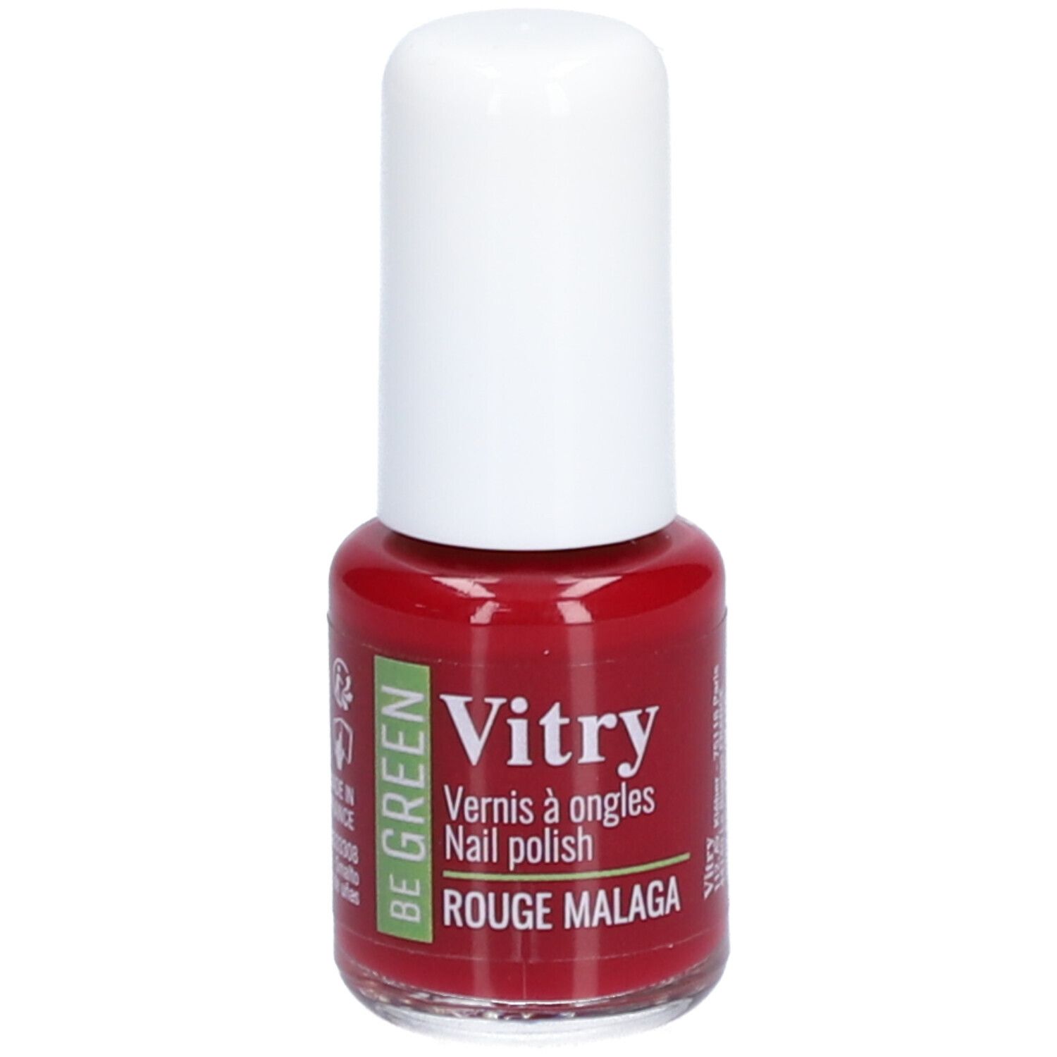 Rode nagellakfles met witte dop. Opschrift: Vitry, BE GREEN, Rouge Malaga. Franse en Engelse opschriften.