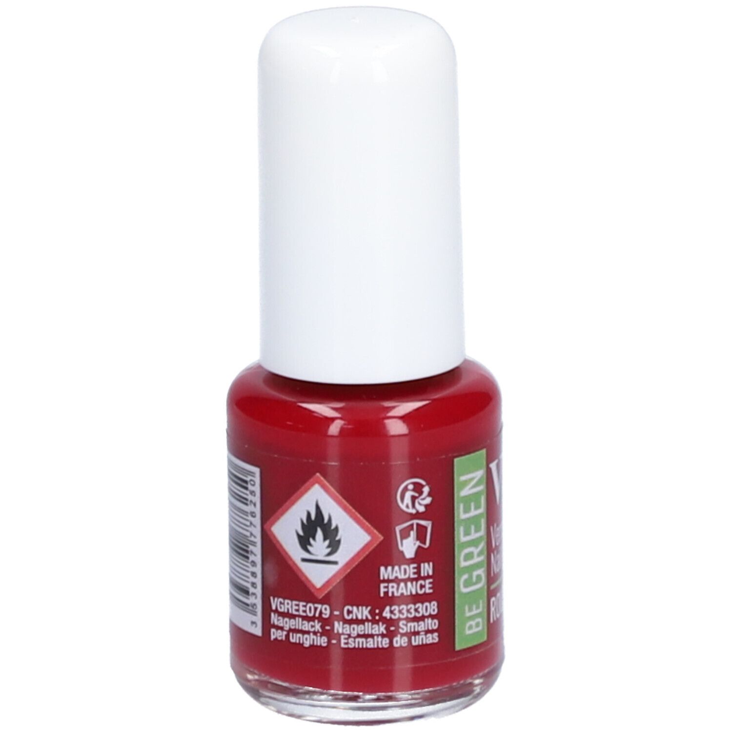 Rode nagellakfles met witte dop. Opschrift: Vitry, BE GREEN, Rouge Malaga. Waarschuwing: licht ontvlambaar. Gemaakt in Frankrijk.