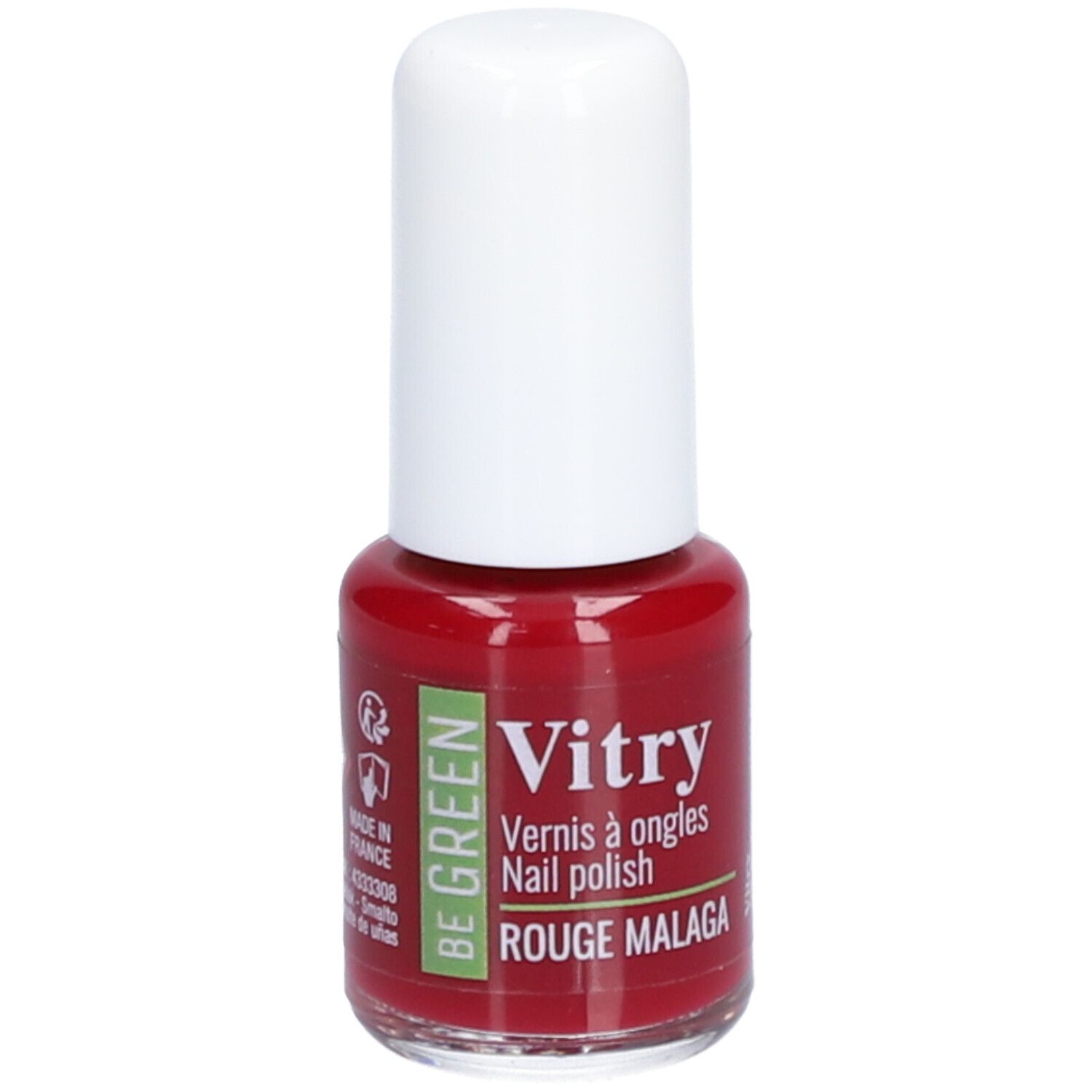Rode nagellakfles met witte dop. Opschrift: Vitry, BE GREEN, Rouge Malaga. Milieukeurmerk.