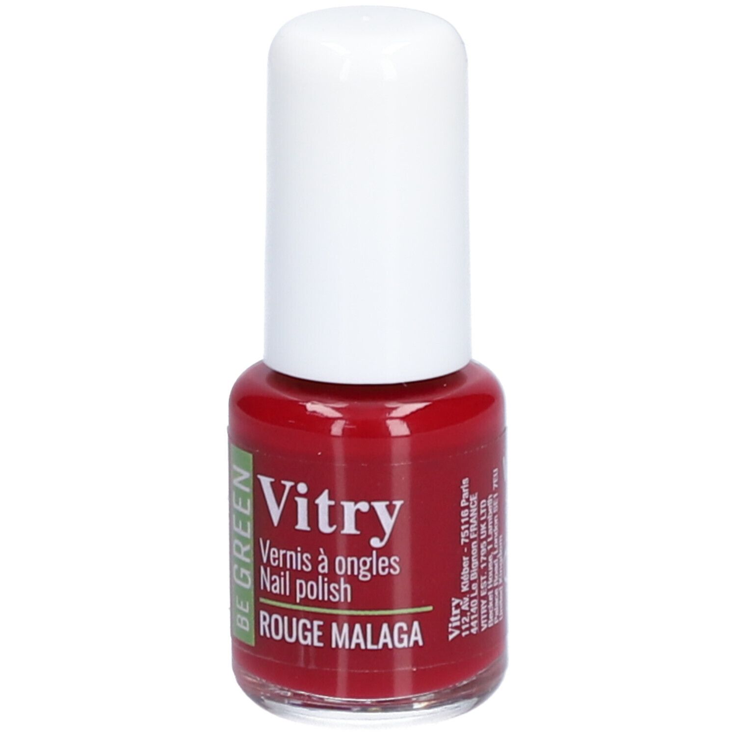 Rode nagellakfles met witte dop. Opschrift: Vitry, BE GREEN, Rouge Malaga. Fabrikantenadres.